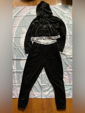 PLAYBOY Black Velour Kids Pajama Set with Branded Waistband